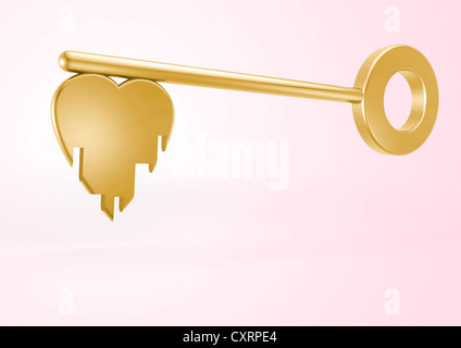 3D render of a gold key with heart symbol on it - on pink background - Concept image Stock Photo