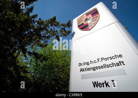 Signage, Porsche Aktiengesellschaft Werk I, Porsche factory in Zuffenhausen, Stuttgart, Baden-Wuerttemberg, Germany, Europe Stock Photo