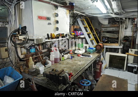 Workbench in the engine room of a ship, Okeanoss Aggressor, Costa Rica, Central America Stock Photo