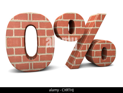 3D render of Zero Percent built from bricks isolated on white background - Concept image Stock Photo
