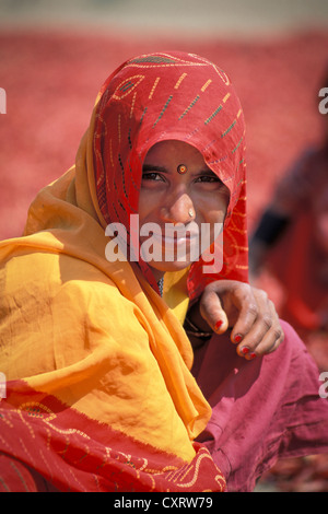 Young Indian woman wearing a red dupatta, near Shivpuri, Madhya Pradesh, India, Asia Stock Photo