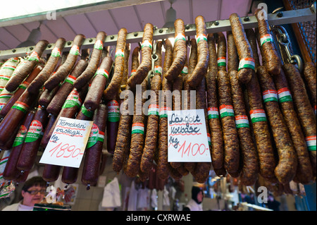 Traditional Hungarian salami, kolbász, Great Market Hall, Budapest, Hungary, Europe Stock Photo