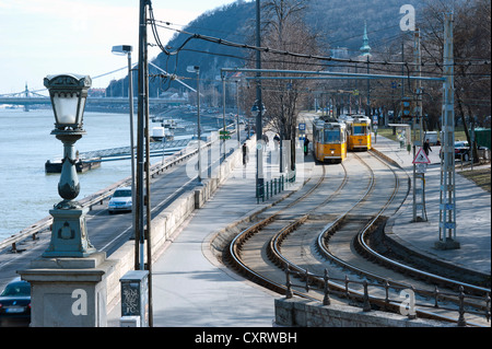 Trams long the bank of the Danube River, Budapest, Hungary, Europe Stock Photo