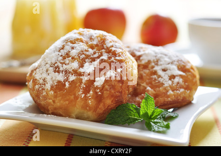 Two buns with apple stuffing on plate with mint closeup. Small shallow dof. Stock Photo