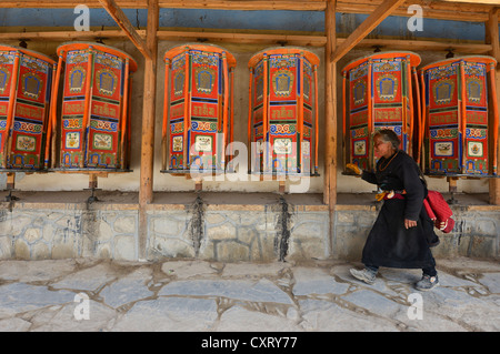 Tibetan Buddhism, elderly Tibetan woman in a traditional chuba during the morning kora, walking circumnabulation of the Stock Photo