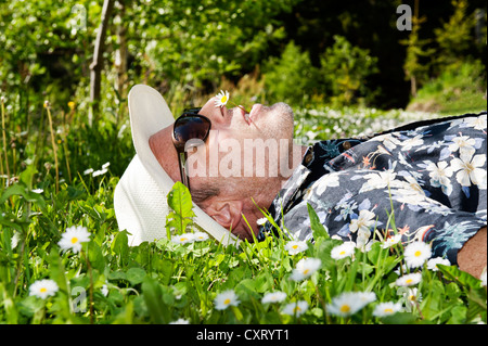 Man wearing a straw hat, sunglasses and a Hawaiian shirt, lying in a flowering meadow, has a daisy in his mouth Stock Photo