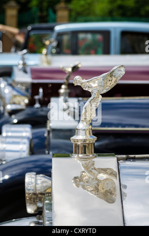 Row of Rolls-Royce radiator mascots 'Spirit of Ecstasy' also known as Emily, Classics meets Barock classic car meeting, Stock Photo