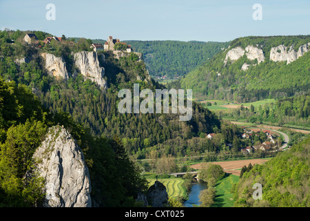 View of the upper Danube valley and Werenwag castle as seen from Eichfelsen rock, Baden-Wuerttemberg, Germany, Europe Stock Photo