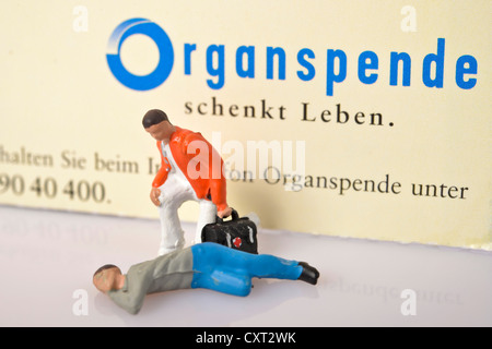 Rescue worker and an injured man, miniature figures in front of an organ donor card