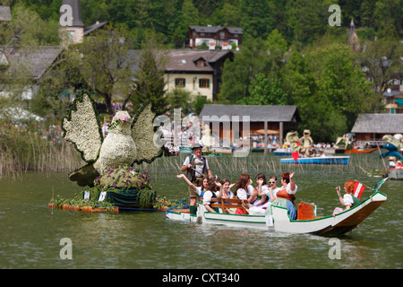 Dove figure made of daffodils, boat parade on lake Altausseer See, Daffodil Festival, Altaussee near Bad Aussee, Ausseerland Stock Photo