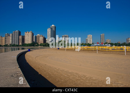 North Avenue Beach set up for a volleyball tournament with Chicago skyline. Stock Photo