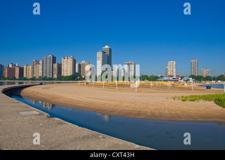 North Avenue Beach set up for a volleyball tournament with Chicago skyline. Stock Photo