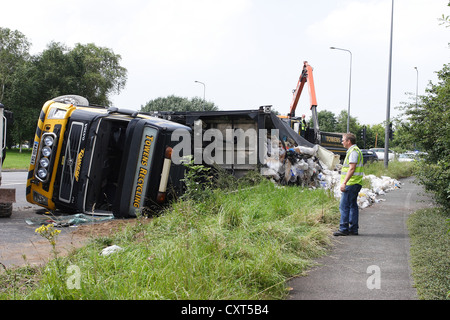 August 2012 - Road accident lorry turned over in Bristol, Engalnd, UK. Stock Photo