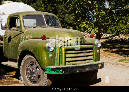 An old dilapidated GMC tanker truck parked in an orchard Stock Photo