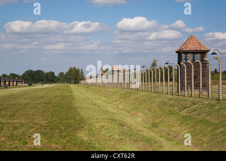 Barb wire electric fence surrounding the Auschwitz II-Birkenau former Nazi Concentration Camp, Auschwitz-Birkenau, Poland Stock Photo