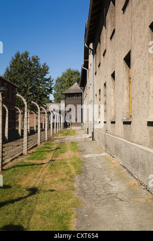 Barb wire fences and buildings inside the Auschwitz I former Nazi Concentration Camp, Auschwitz, Poland, Europe Stock Photo