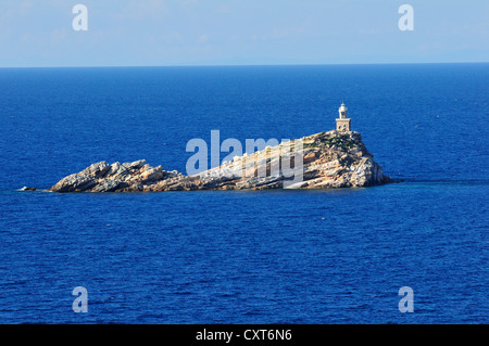 Rock with a light beacon off Portoferraio, Elba, Tuscany, Italy, Europe Stock Photo