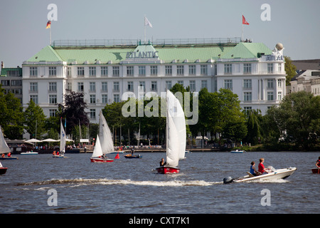Sailboats on the Aussenalster or Outer Alster Lake in front of the Atlantic Hotel, Free and Hanseatic City of Hamburg Stock Photo