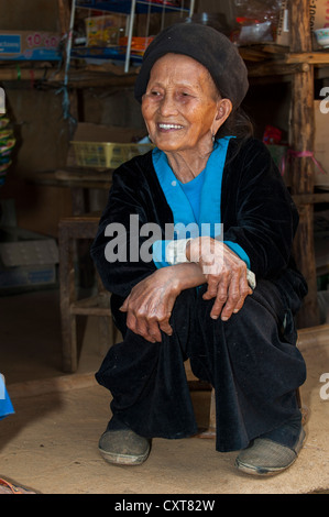 Smiling elderly woman from the Black Hmong hill tribe, ethnic minority from East Asia, Northern Thailand, Thailand, Asia Stock Photo
