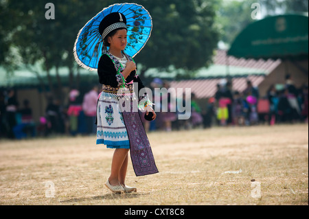 Woman in a traditional dress, costume, New Year festival, Hmong hill tribe, ethnic minority, Chiang Mai province Stock Photo