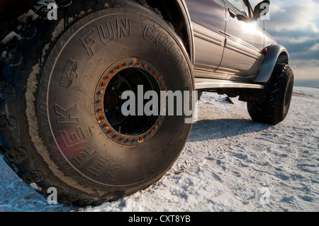 Tyres of a Super Jeep, Mýrdalsjoekull Glacier, Iceland, Europe Stock Photo