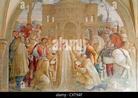 Fresco series depicting the life of St. Benedict, fresco by Bartolomeo Neroni, scene 20, Benedict sending Maurus to France and Stock Photo