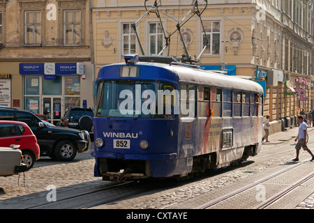 Tram, L'viv city centre, Ukraine Stock Photo