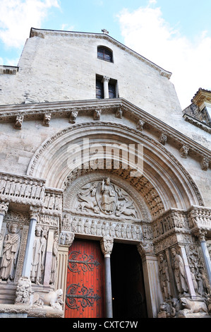 Facade of Cathedral of St. Trophime, a Roman Catholic church and former cathedral built between 12th & 15 Century Arles, Provence, South of France Stock Photo