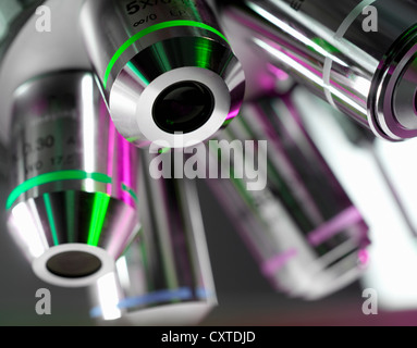 Close up of microscope lenses in lab