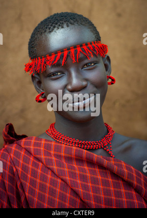 Miss Domoget, Bodi Tribe Woman With Headband, Hana Mursi, Omo Valley, Ethiopia Stock Photo