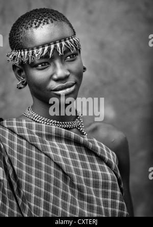 Miss Domoget, Bodi Tribe Woman With Headband, Hana Mursi, Omo Valley, Ethiopia Stock Photo