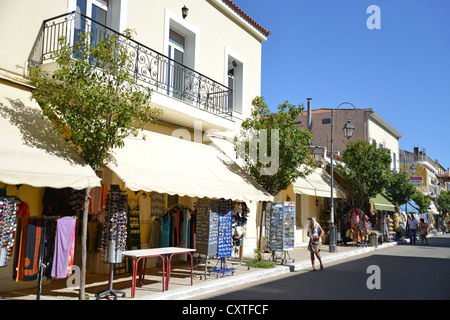 Shops on main street, Katakolon, Pyrgos Municipality, West Greece Region, Greece Stock Photo