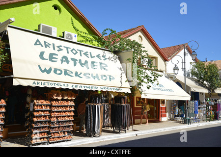 Shops on main street, Katakolon, Pyrgos Municipality, West Greece Region, Greece Stock Photo