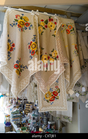 dh Omodos lacework TROODOS CYPRUS Hand made Cyprus lace tableclothes craftwork displayed for sale table cloth craft Stock Photo