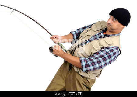 Fisherman with fishing rod isolated in white Stock Photo