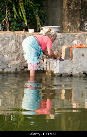 Vertical portrait of an Indian woman doing the laundry by the riverside in Kerala. Stock Photo