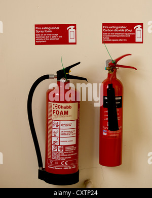 Two Chubb Fire extinguishers mounted on a wall, one water with Additive ...