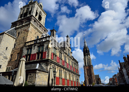 Town hall and the New Church tower at the Markt. Delft, Netherlands. Stock Photo
