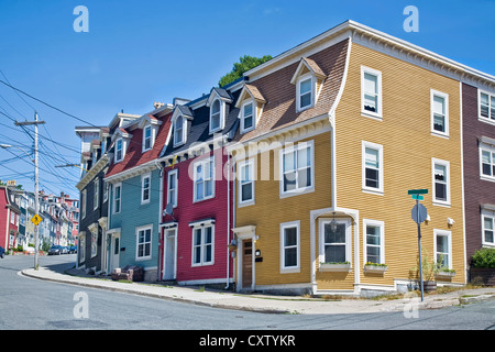 Unique architecture in the colorful houses on the steep streets of St. John's, Newfoundland. Stock Photo