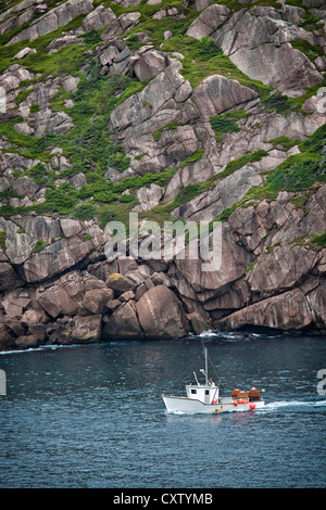 Fishing boat laden with crab traps sailing into St. John's Harbour past Signal Hill, Newfoundland. Stock Photo