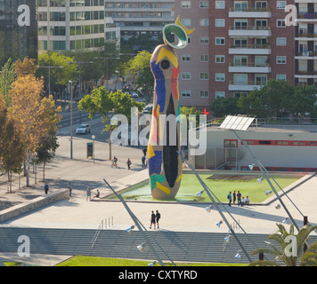 Barcelona, Spain. Parc de Joan Miro and the Miro sculpture Dona i Ocell - Woman and Bird. Stock Photo