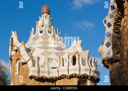 Barcelona, Spain. Detail of pavilion at the entrance to Parc Güell. UNESCO World Heritage Site. Stock Photo