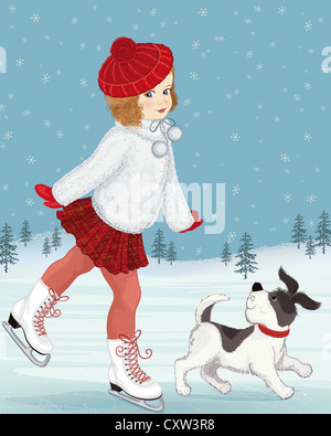 Little girl skating accompanied by her dog Stock Photo