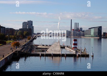 A desolate October out of season Copenhagen Harbour Bath at Islands Brygge in Copenhagen awaiting a new season. The winter swimming is still going on. Stock Photo