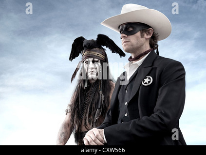 THE LONE RANGER 2013 Walt Disney Pictures film with Arnie Hammer at right in the title role and Johnny Depp as Tonto Stock Photo