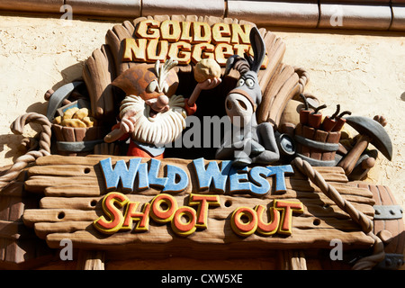 Wild West Shoot Out Sign Drayton Manor Theme Park Tamworth Staffordshire UK Stock Photo