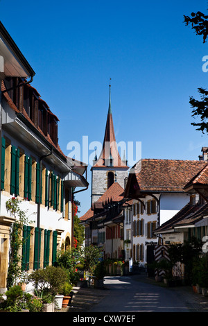 A narrow backstreet in the fortified town of Murten, Switzerland Stock Photo