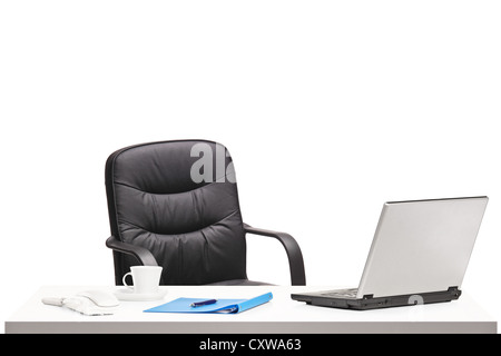 Office with chair, laptop and other office objects isolated on white background Stock Photo