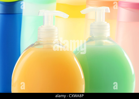 Composition with plastic bottles of body care and beauty products Stock Photo
