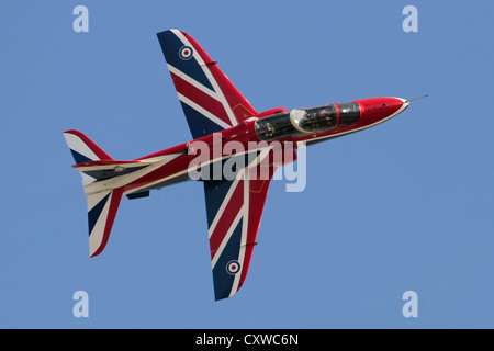 Royal Air Force BAe Hawk T1 military jet trainer aircraft flying in special display colours Stock Photo